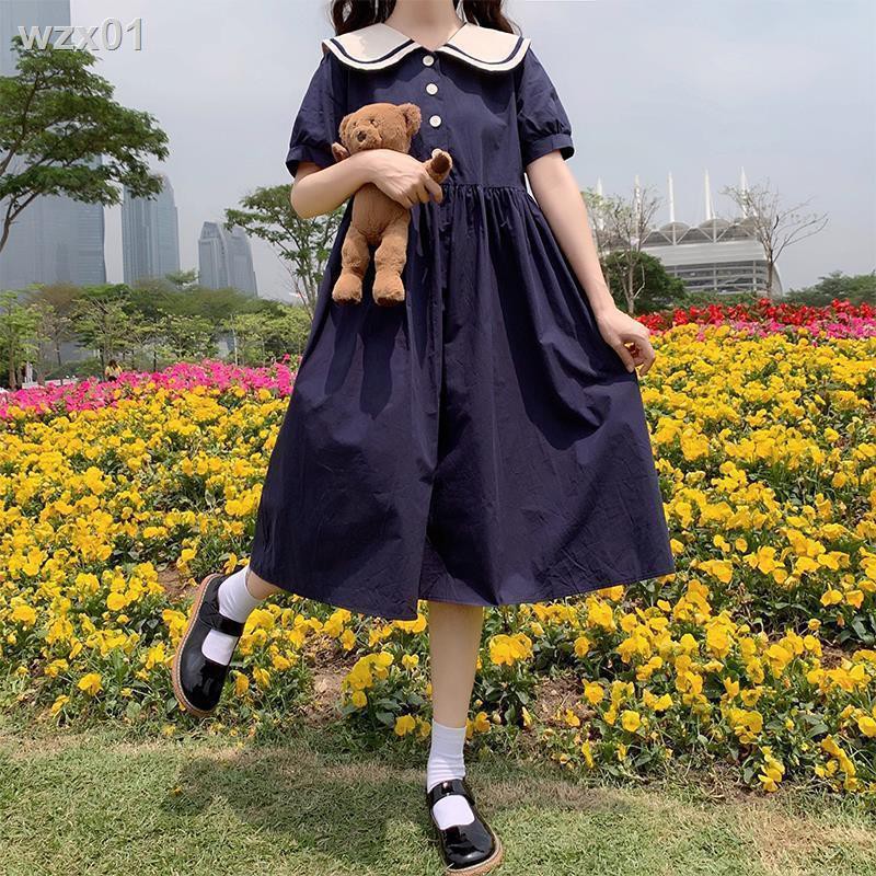 Phiên bản Hàn Quốc của chiếc váy ngắn tay màu xanh nước biển nữ học sinh mỏng, dài đến đầu gối, chữ a hoang dã