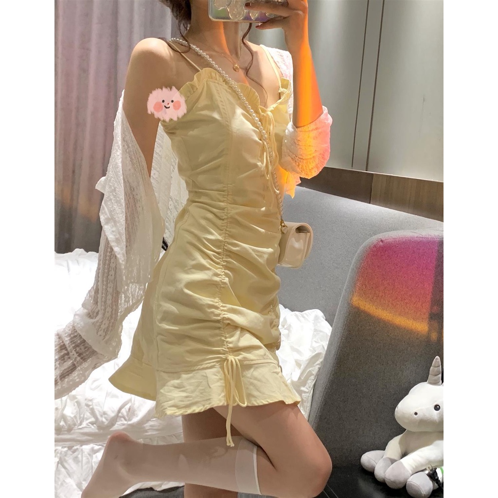 Set Áo Khoác Cardigan Tay Dài Phối Ren + Đầm Dây Rút Form Ôm Phong Cách Hàn Quốc Cho Nữ