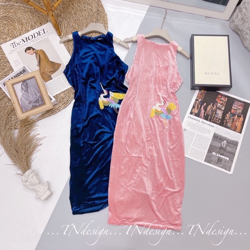 váy nhung thêu hạc siêu xinh