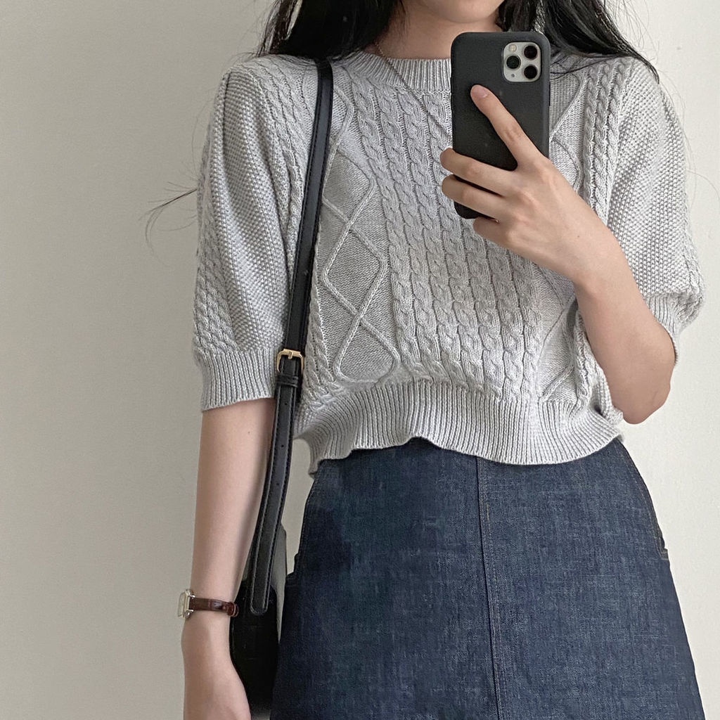 Áo len Pure Cube tay ngắn thiết kế phong cách retro thời trang cho nữ