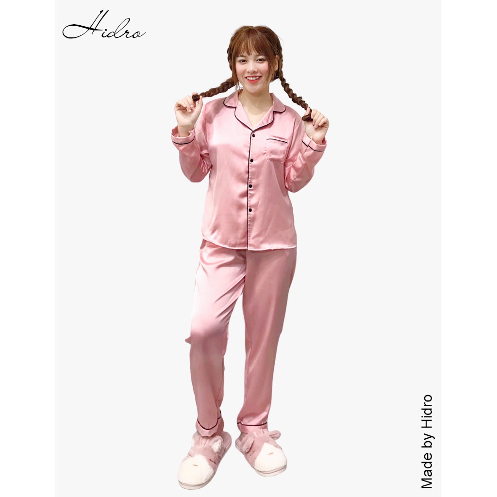 Bộ ngủ pijama lụa satin trơn dài tay
