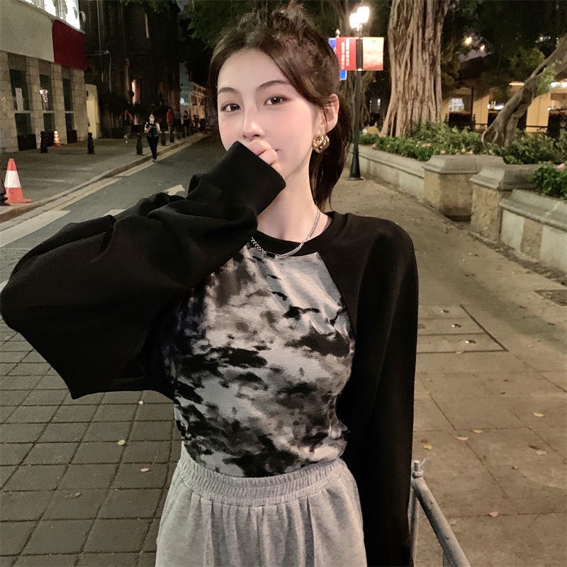 Áo Sweater Tay Dài Giả Hai Lớp Dáng Ngắn Phối Màu Nhuộm Kiểu Hàn Quốc Cá Tính