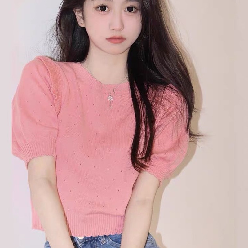 Áo Thun Dệt Kim Tay Ngắn Phồng Cổ Tròn Màu Trơn Phong Cách Mùa Hè Hàng Mới Dành Cho Bạn Nữ