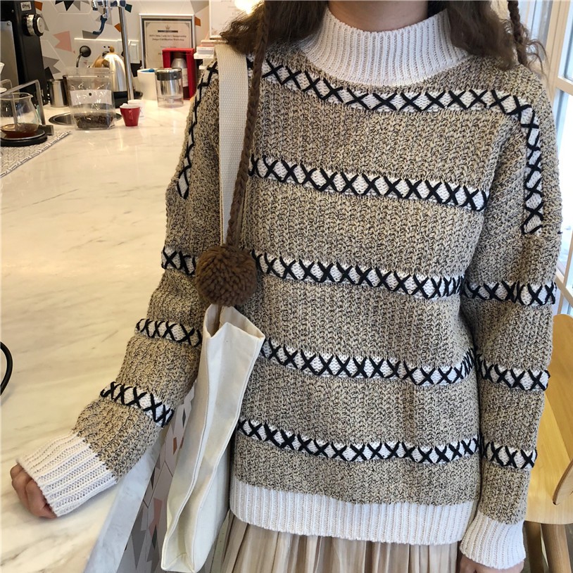 Áo Len Viền Dấu Nhân Kẻ Sọc Ngang Cổ 3 Phân SAVVY Sweater Thời Trang Nữ Thu Đông Mịn Đẹp