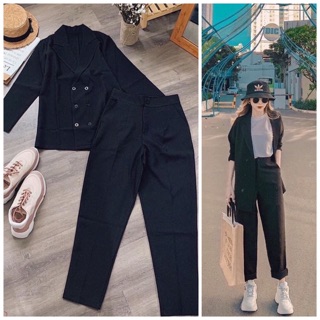 set vest: áo khoác Blazer + quần baggy 9 tấc Korea trắng đen nude xanh (ảnh thật)