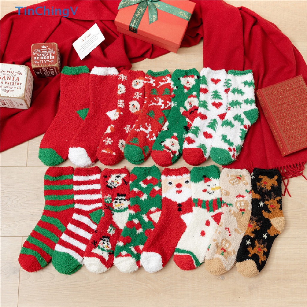 1 Đôi Tất Cotton Len San Hô Hình Ông Già Noel / Cây Thông / Tuần Lộc Giáng Sinh Nhiều Màu Sắc Đáng Yêu Cho Nữ [Mới]