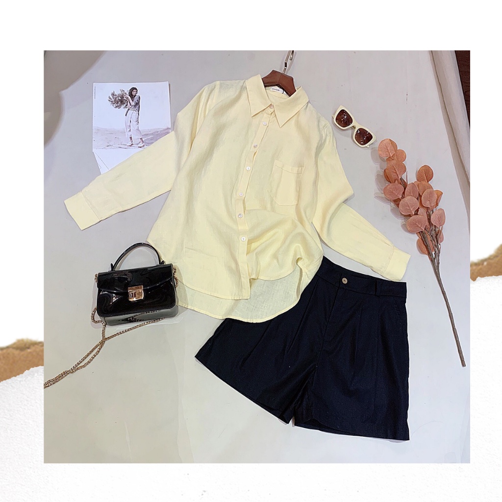 Quần short linen màu đen thiết kế Lalastyle