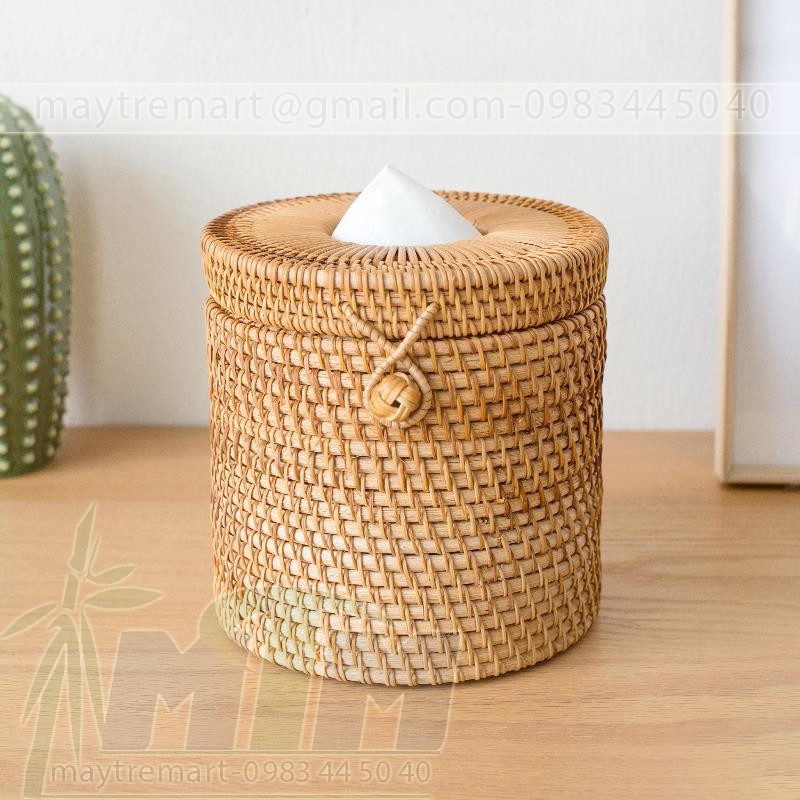 Hộp mây tròn đựng khăn giấy 15cm cao 13cm