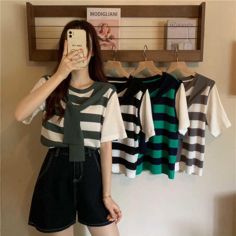 Áo Thun Giả Hai Lớp Phối Khăn Choàng Kẻ Sọc Dáng Rộng Thời Trang Mùa Hè Mới Dành Cho Bạn Nữ