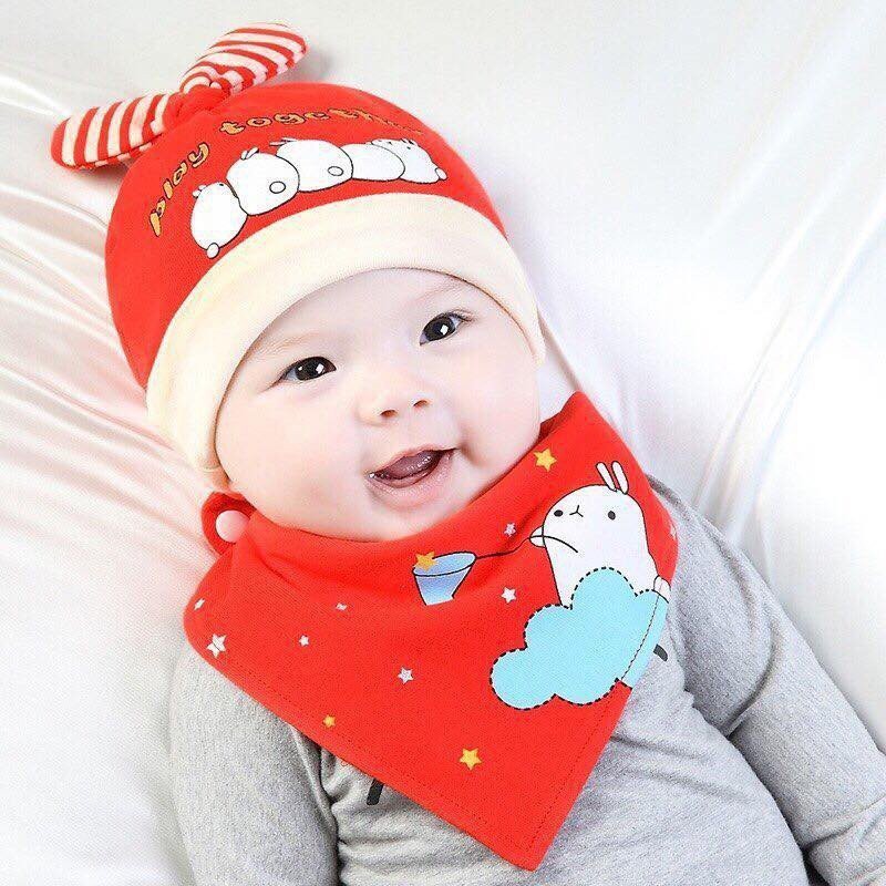 Set mũ kèm yếm cotton siêu dày cho bé