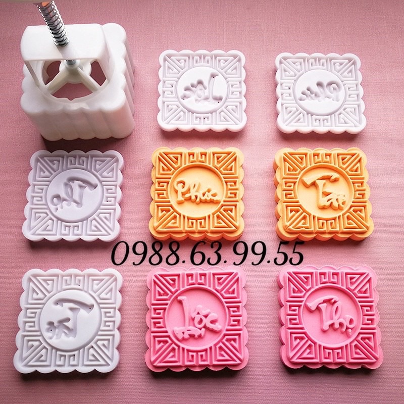 Khuôn trung thu lò xo, Khuôn ép xôi, Khuôn bánh dứa 4 mặt hình vuông 150g: Phúc lộc thọ tài( Ms 50)