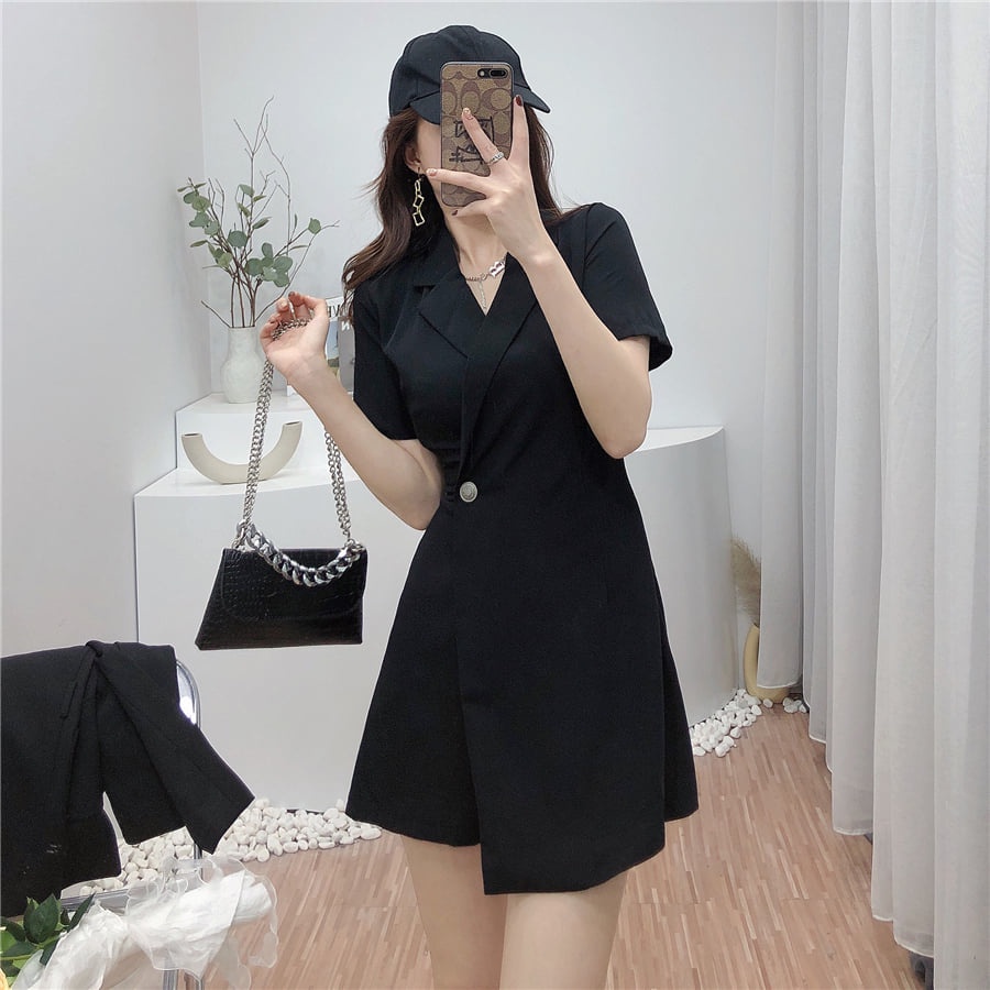 [C344] Váy Jumpsuit cổ vest 2 màu - Váy đầm nữ cộc tay cổ vest thanh lịch hàng freesize giá siêu rẻ