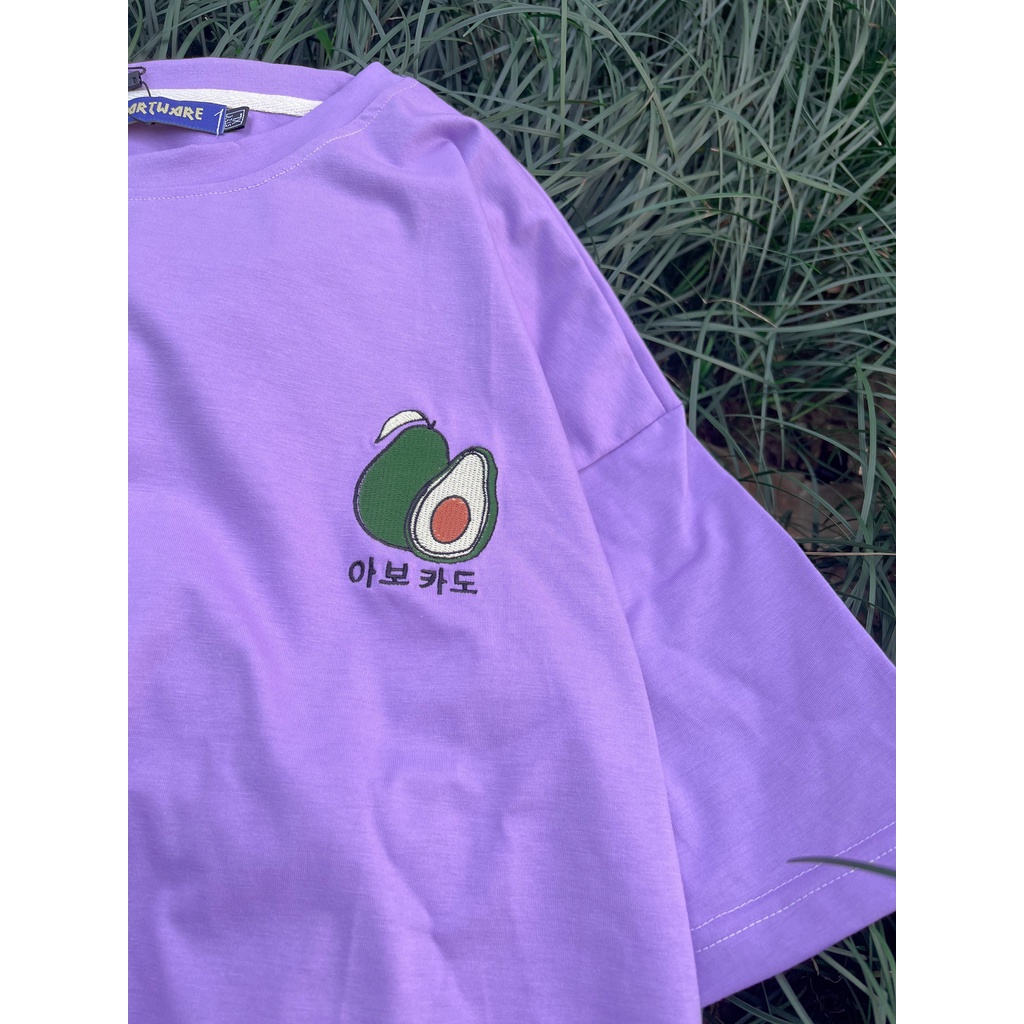 Áo thun cotton MEANSTORE tee cổ tròn tay lỡ sọc phối màu pull oversize unisex form rộng nam nữ - Thêu Bơ tím