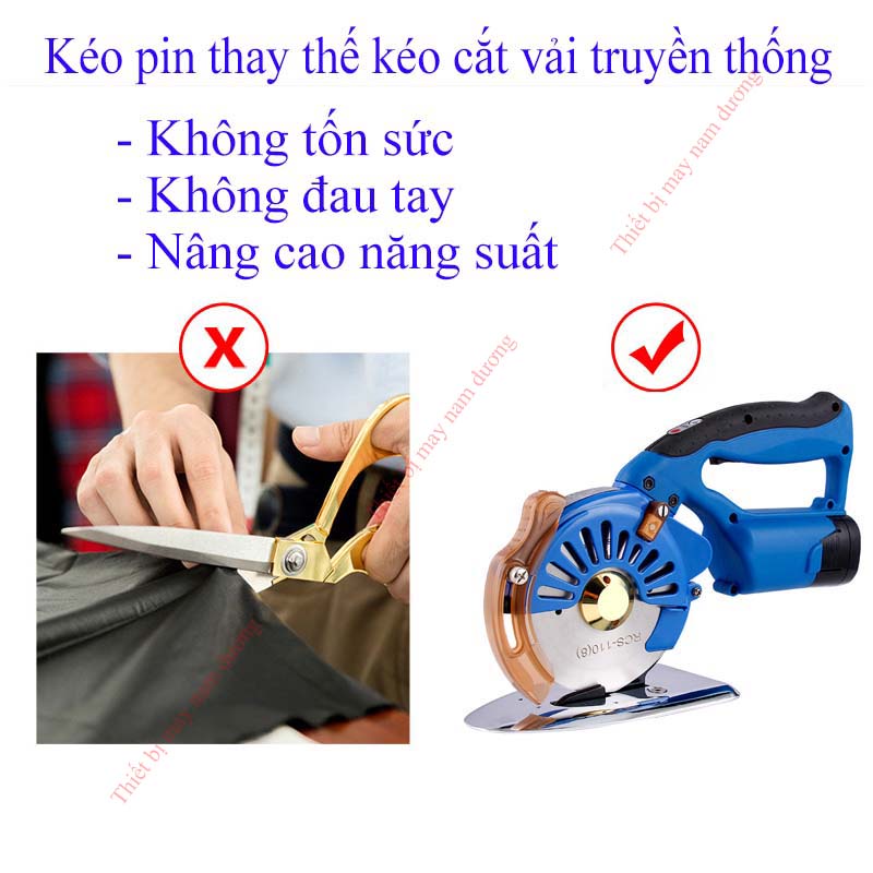 Máy cắt vải cầm tay chạy pin RCS-110 nhỏ gọn tiện lợi &gt; có 5 chế cắt &gt; đèn LED chiếu sáng