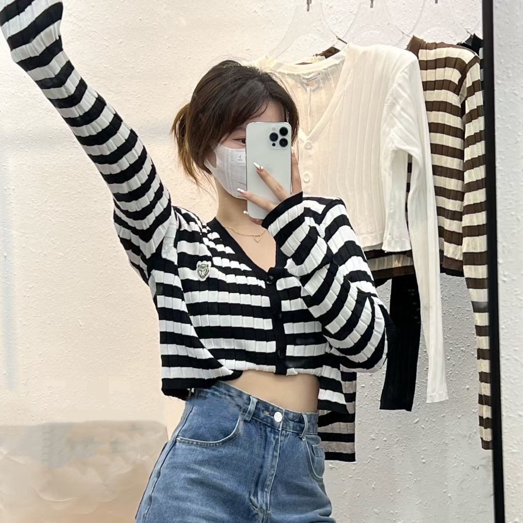 SUXI Áo Cardigan Dệt Kim Tay Dài Cổ Chữ V Màu Sắc Thanh Lịch