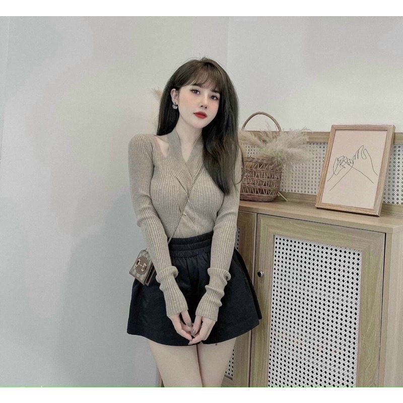 Áo len nữ cổ chéo xoắn ngực, len tay dài Quảng châu