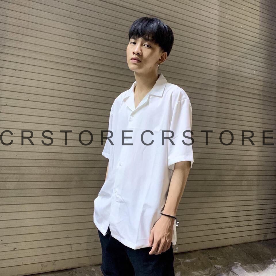 Áo Sơ Mi Tay Lỡ Cổ Vest CR MEN trắng đen unisex nam nữ trơn vải lụa mềm | BigBuy360 - bigbuy360.vn