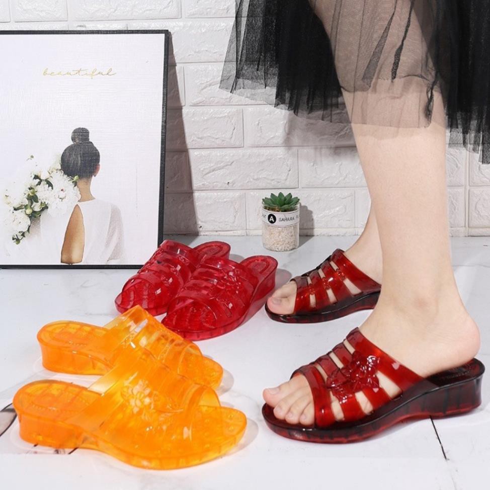 Dép nhựa trong cao gót dành cho nữ đi mềm và chân màu đỏ mận,vàng, đen xanh size 36-40