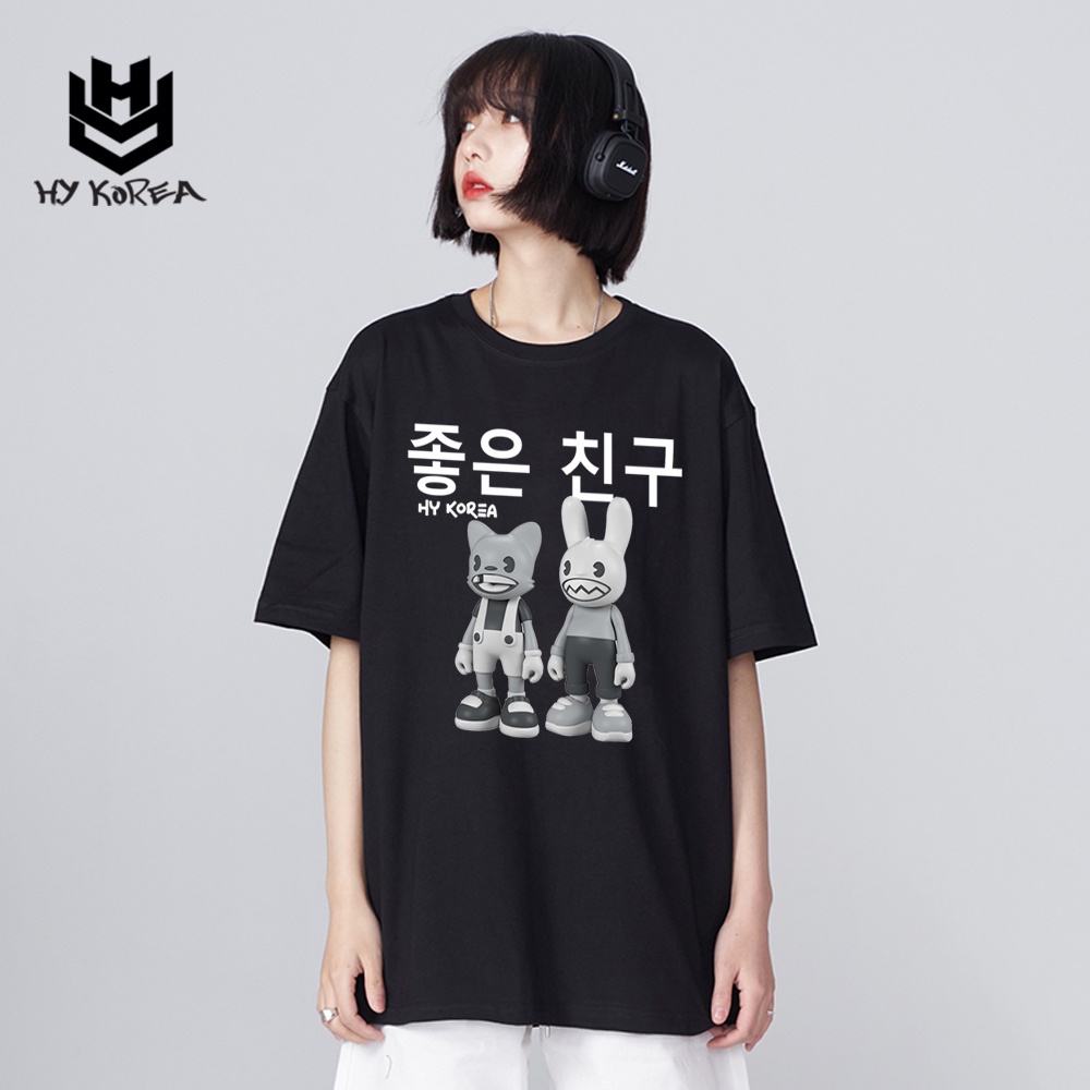 Áo Thun Tay Lỡ Couple Đôi HY Korea Form Rộng Cotton 100 In Hình Mèo Thỏ Hàn Quốc 513.