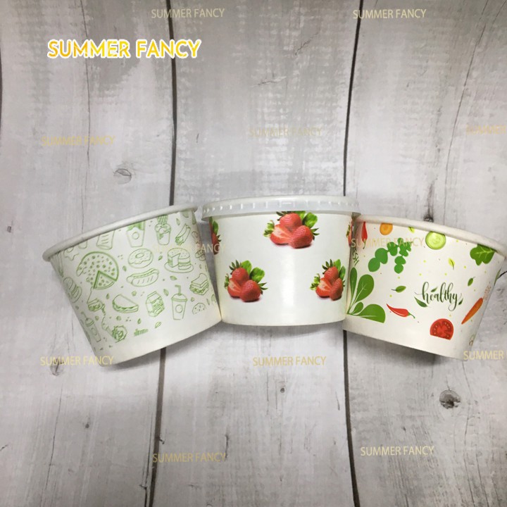 100 Bát giấy 350ml ~ 12oz in hình có nắp, hộp giấy, cốc ly đựng chè bún mì cháo - paper bowl with lid 360ml