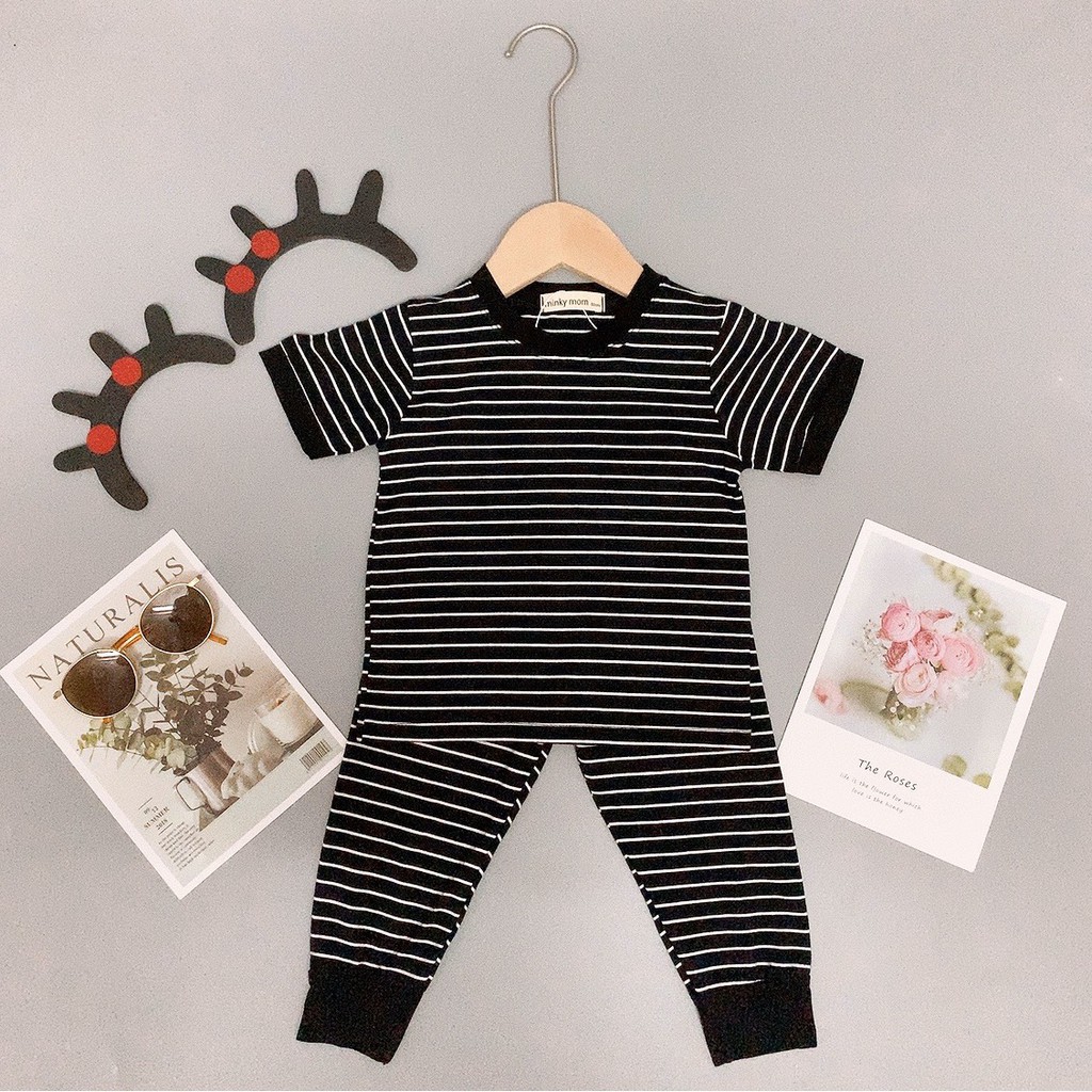 [SALE] Bộ Dài Tay Cho Bé Gái, Bé Trai Minky Mom Vải Thun Lạnh Họa Tiết Kẻ Ngang, Quần Áo Thu Đông Cho Bé MKMTD2107