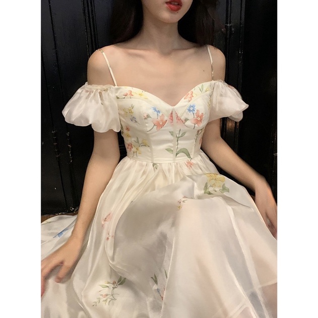 Đầm maxi hoa trễ vai tay phồng tiểu thư Hàn quốc sang chảnh thắt nơ lưng, váy maxi hoa đi biển