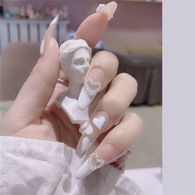 [Beannail.vn] Sét 10 móng úp tự vẽ trái tim đính nơ ngón trỏ - B156