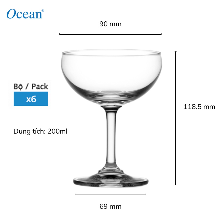 Bộ 6 Ly Rượu Ocean Classic Saucer Champ 200ml