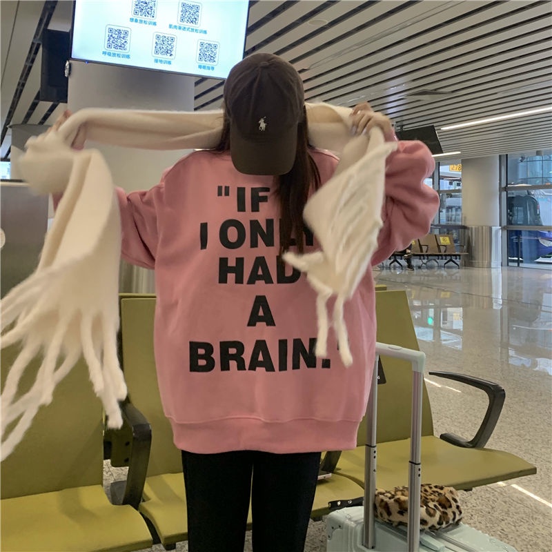 Áo Thun Nỉ Dài Tay Dáng Rộng In Chữ Phong Cách Hàn Quốc Thời Trang Mùa Đông Mới Cho Nữ