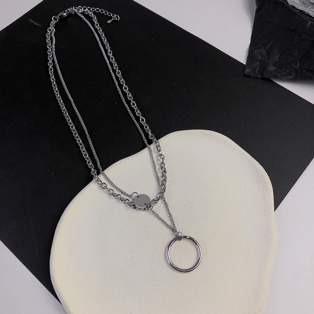 Vòng cổ hai lớp mặt hình tròn bằng kim loại phối tua rua phong cách Hip Hop thời trang cho nữ