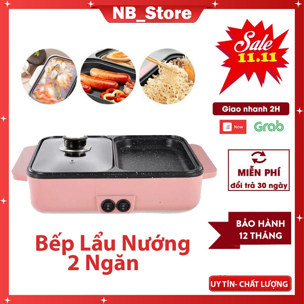 Bếp lẩu nướng 2 ngăn,nồi lẩu nướng mini đa năng chống dính màu hồng dễ thương