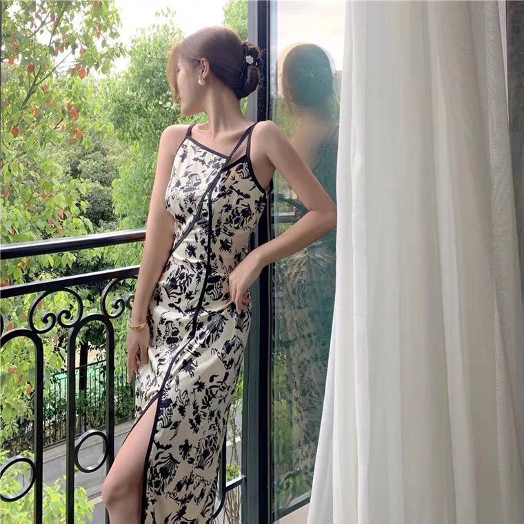 Đầm sườn xám hai dây họa tiết hoa thời trang mùa hè cho nữ