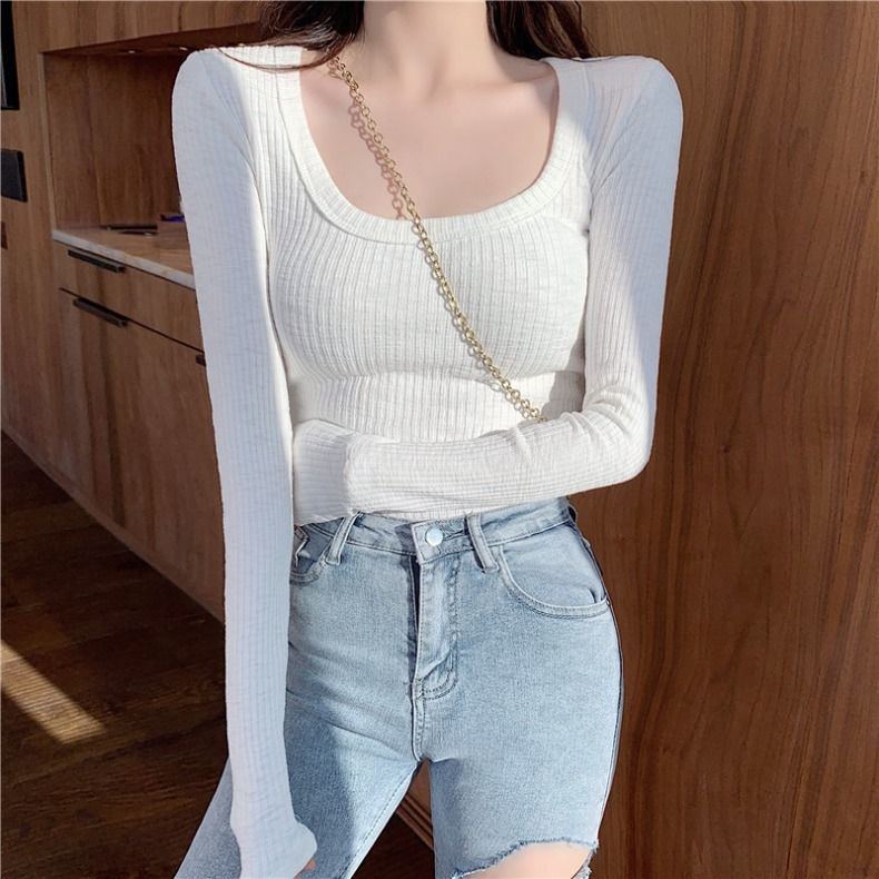 Áo thun COZOK tay dài dáng ôm cổ chữ U quyến rũ trẻ trung cho bạn gái