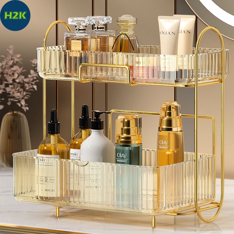 Kệ Đựng Mĩ Phẩm , Đồ Trang Điểm 2 Tầng Cao Cấp Có Viền Mạ Vàng Phong Cách Châu Âu Đẹp Và Tiện Dụng