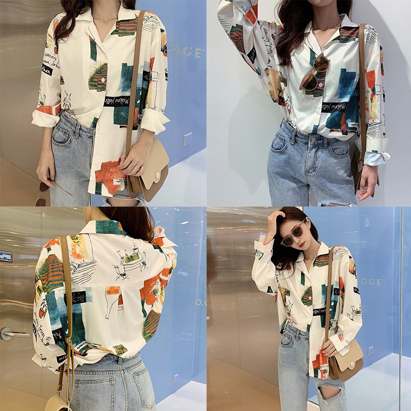 Áo sơ mi dài tay form rộng in họa tiết hoạt hình phong cách vintage thời trang | BigBuy360 - bigbuy360.vn