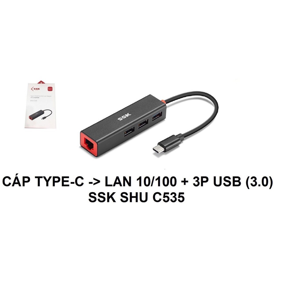 CÁP CHIA TÍN HIỆU TỪ USB TYPE C 3.1 SANG 1 CỔNG LAN RJ45 GIGABYTE + 3 CỔNG USB 3.0 SSK SHU C535