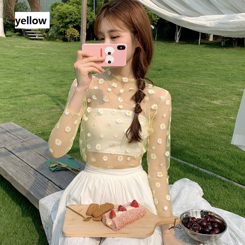 Áo T-shirt dạng lưới in hình hoa cúc nhỏ thời trang mùa hè dành cho nữ