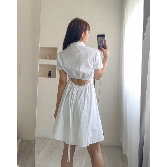 Đầm trắng cổ polo nơ lưng 654