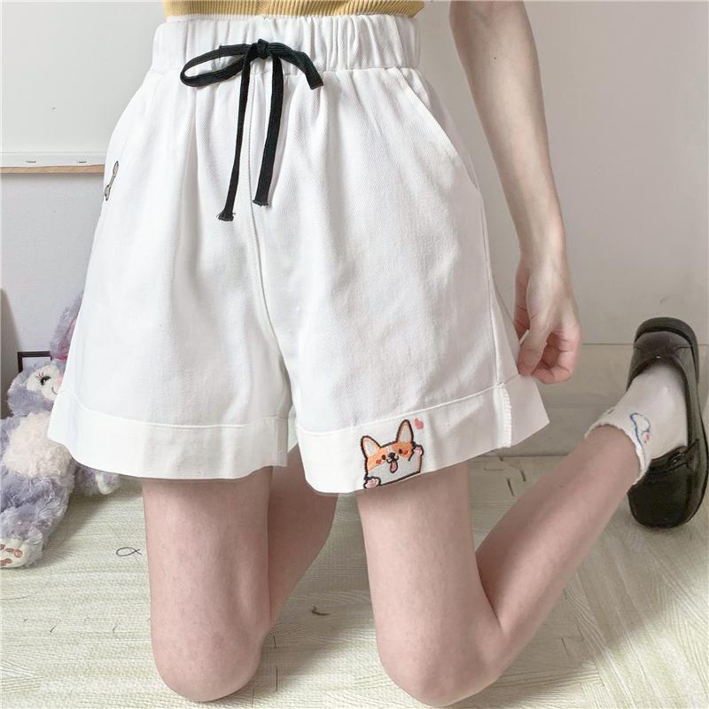 Quần Short Ống Rộng Lưng Thun Co Giãn Thêu Hình Chú Chó Shiba Dễ Thương Thời Trang Mùa Hè Cho Nữ