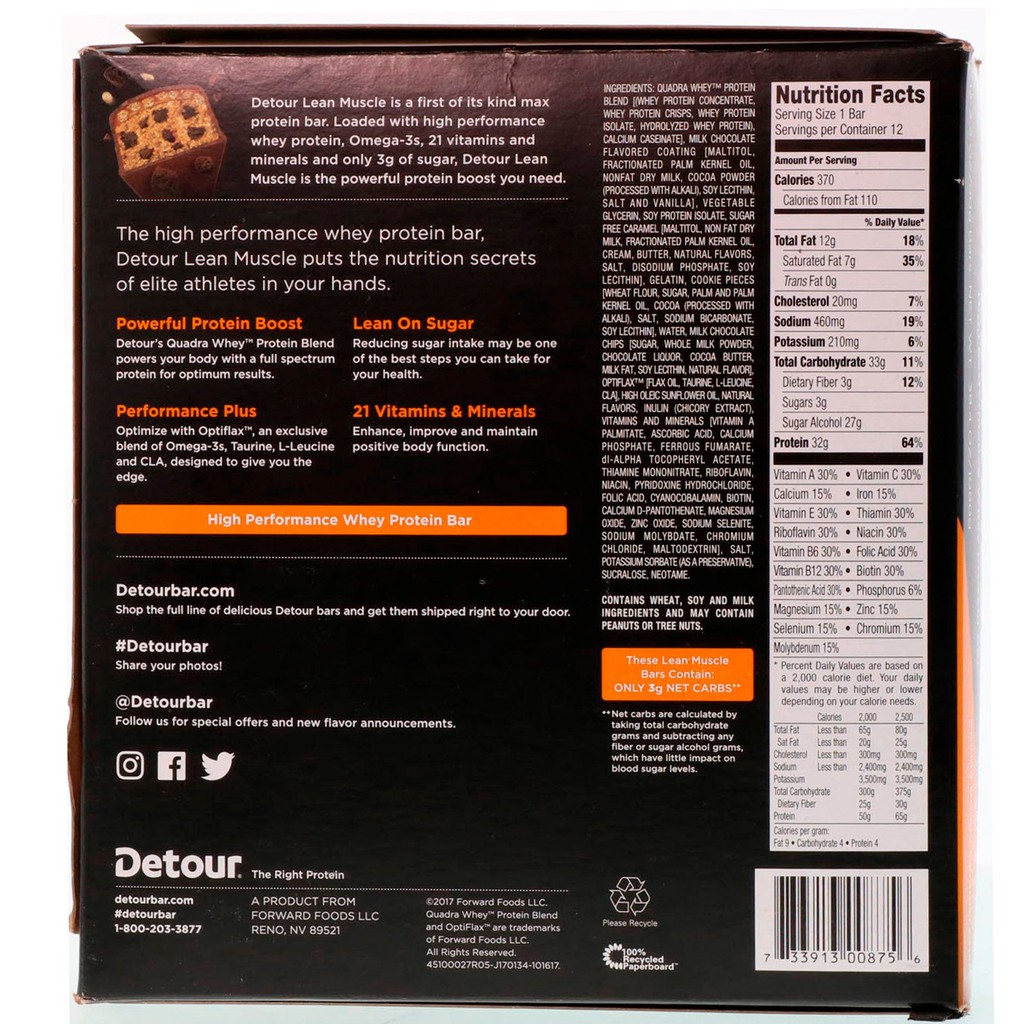 Protein Bar Detour Lean Muscle : 32g Protein, 21 Vitamin,1000mg Omega-3 - Chính hãng USA