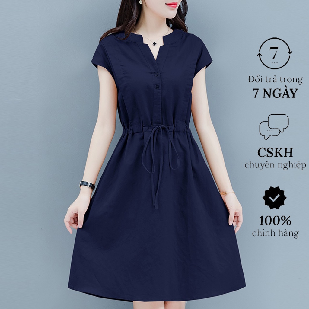 Đầm linen dáng suông rút eo cổ V phong cách công sở