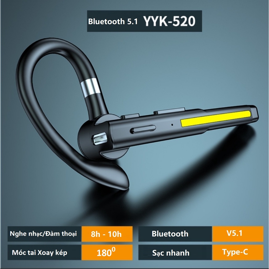 Tai Nghe Bluetooth  5.1 YYK-520  ,Dung Lượng  Pin 60mAh Có Thể  Đàm Thoại - Nghe Nhạc Từ 8 - 10 Giờ Tùy Theo Âm Lượng .