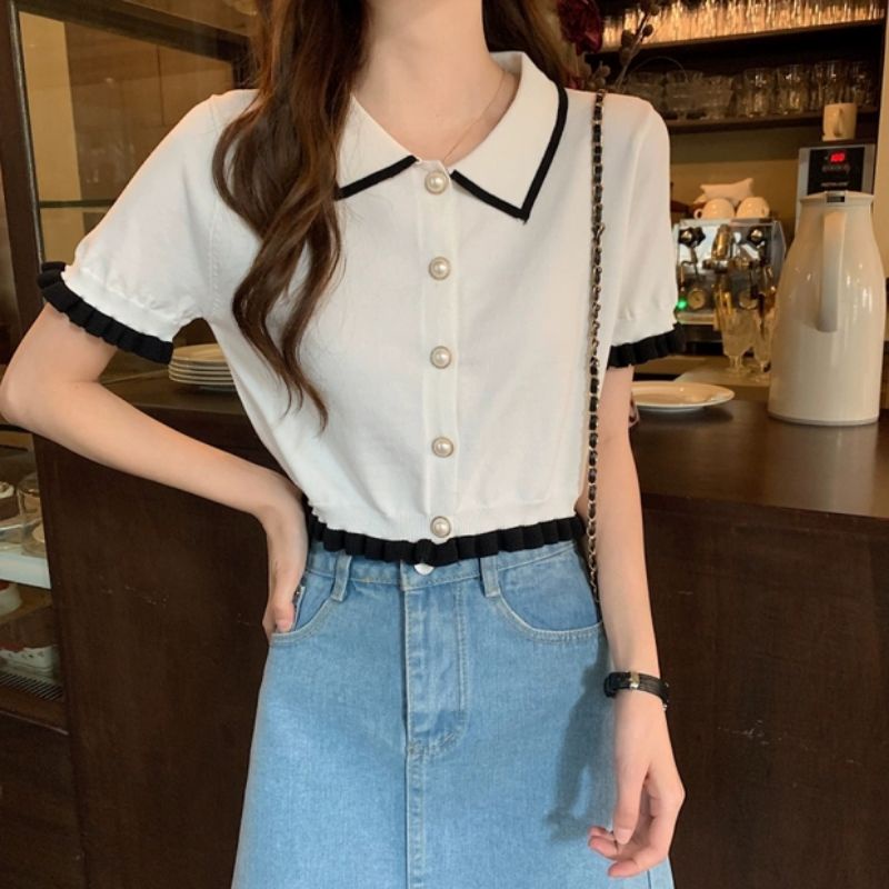 (Order) Áo thun tay ngắn màu đen Ice Silk của phụ nữ 2022 nửa tay áo dệt kim Thiết kế sang trọng hàng đầu