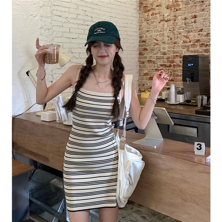 Đầm dệt kim XIAOZHAINV 2 dây kẻ sọc phong cách Hàn Quốc quyến rũ