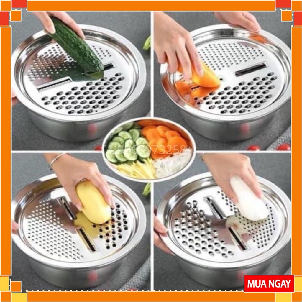 Rổ Nạo Inox Nạo Rau Củ Đa Năng 3 Trong 1 - Bộ Bào Nạo Rau Củ Kiêm Rổ Và Chậu Inox Đa Năng