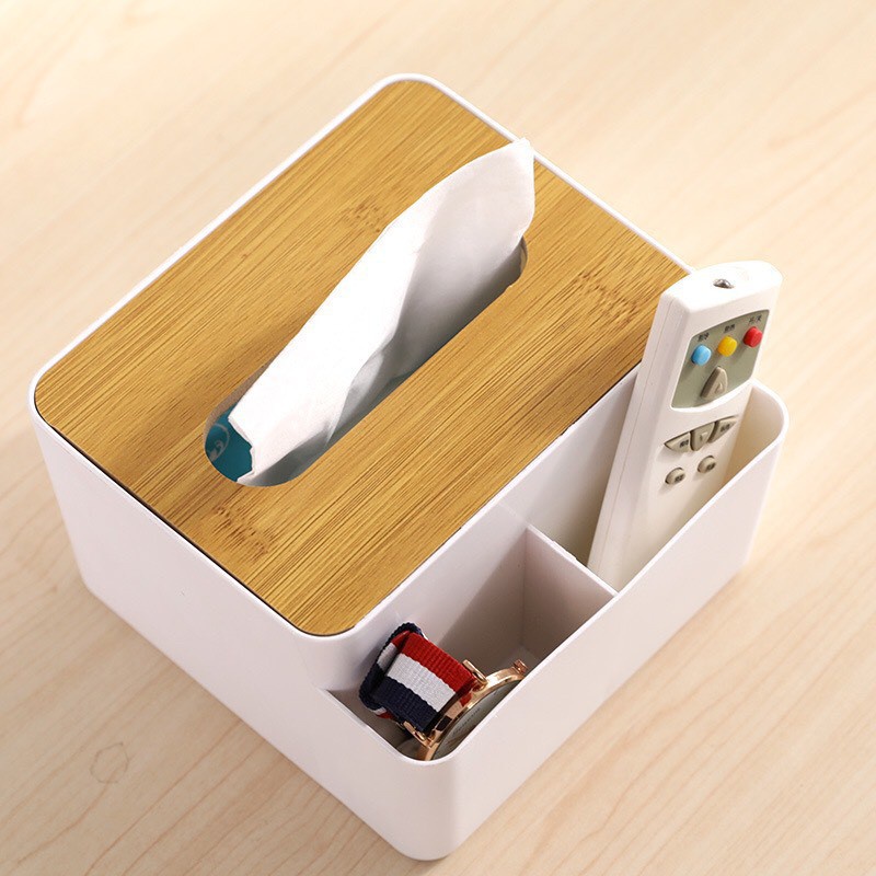 Hộp đựng giấy ăn mặt gỗ tre có hộc để đồ đa năng