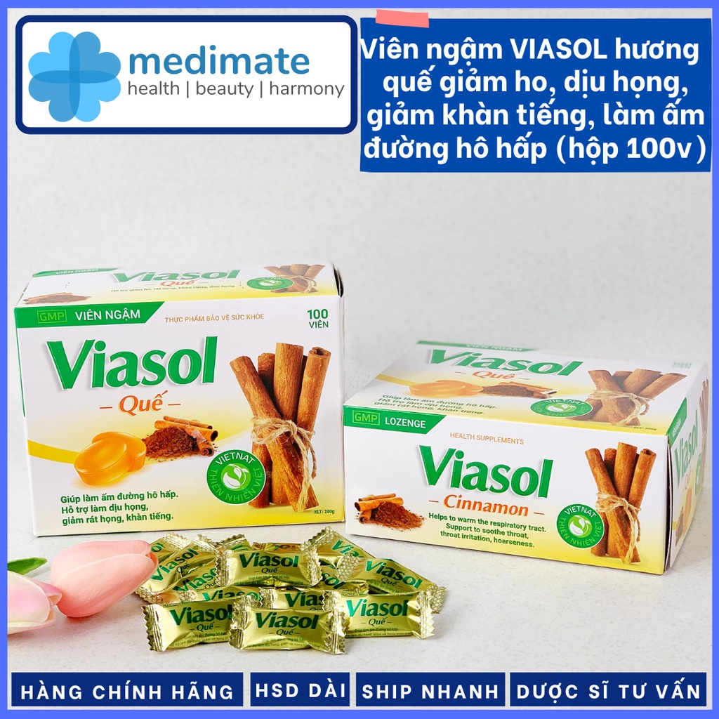 Viên ngậm VIASOL hương quế giảm ho, dịu họng, giảm khàn tiếng, làm ấm đường hô hấp