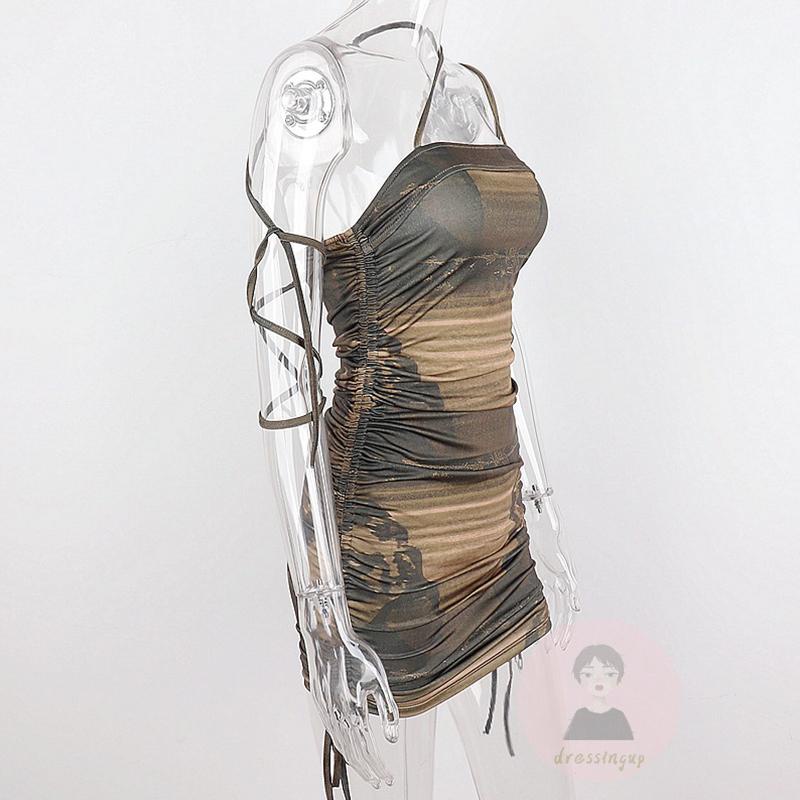 Đầm Ngắn Dáng Ôm Cổ Xẻ Tà In Họa Tiết Độc Đáo Phối Dây Rút Thời Trang Cho Nữ