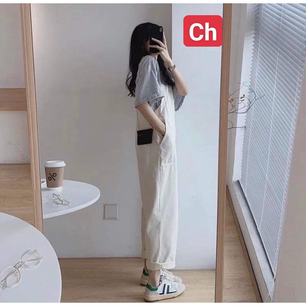 Set yếm kaki be kèm áo phông form thụng chất cotton su phù hợp cả nam và nữ