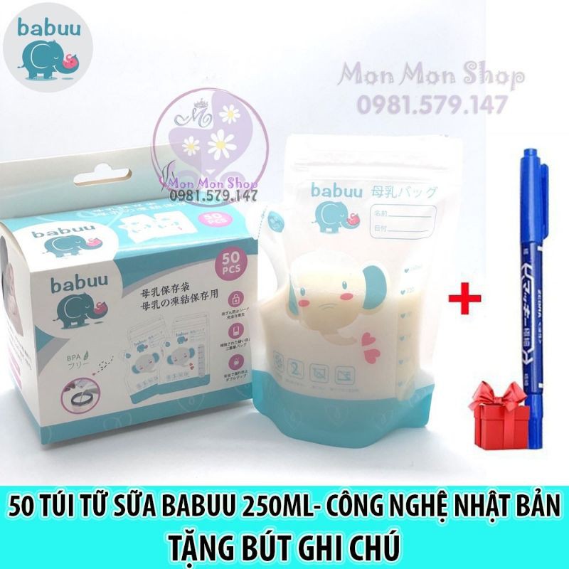 Tặng viết ghi thông tin - Hộp 50 túi trữ sữa mẹ Babuu Baby 250ml có vòi